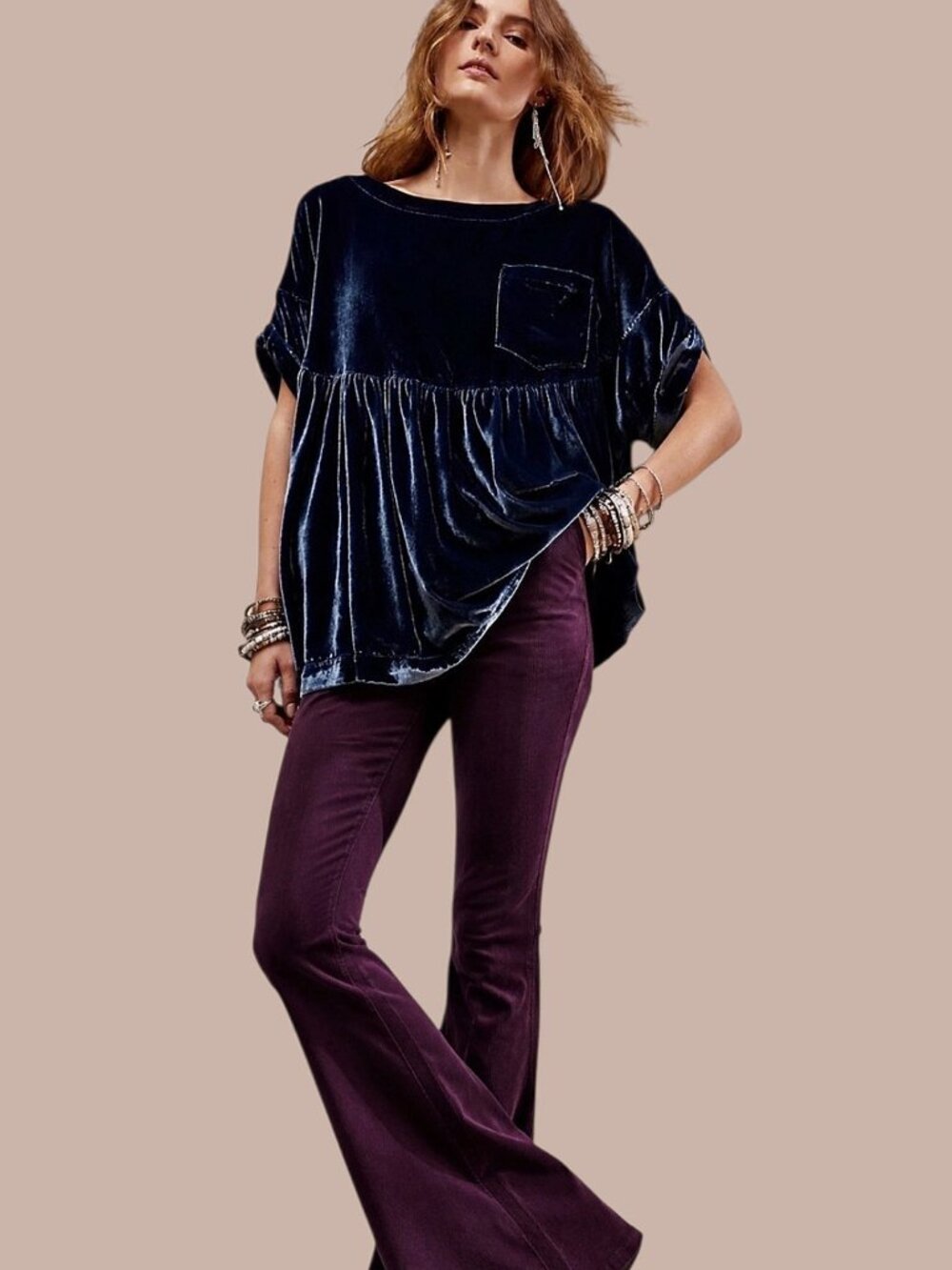 We the Free People Moon City Velvet Tunic Oversized Babydoll Top Royal Blue - Lg - Picture 3 of 11